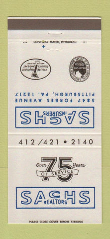 Matchbook Cover - Sachs Real Estate Pittsburgh PA 30 Strike