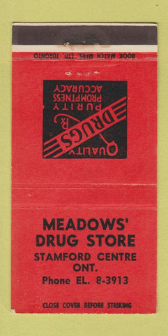 Matchbook Cover - Meadows' Drug Store Stamford Centre ON RED 30 Strike