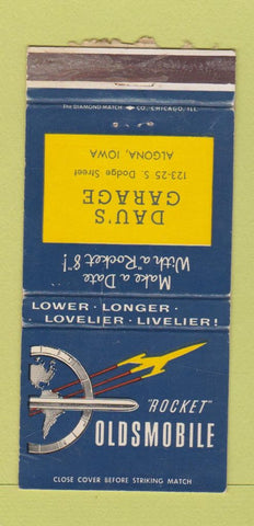 Matchbook Cover - Dau's Garage Oldsmobile Rocket Algona IA WORN 30 Strike