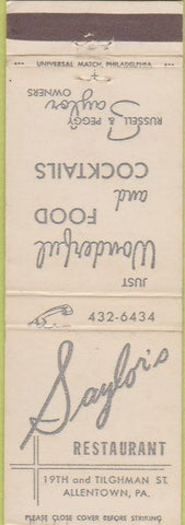 Matchbook Cover - Saylor's Restaurant Allentown PA