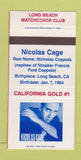 Matchbook Cover - Nicholas Cage Long Beach CA Match Club 30 Strike