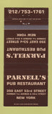 Matchbook Cover - Parnell's Pub Restaurant New York City BROWN 30 Strike