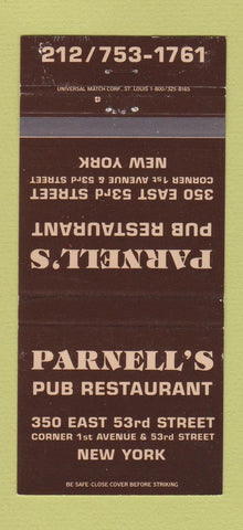Matchbook Cover - Parnell's Pub Restaurant New York City BROWN 30 Strike