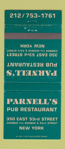 Matchbook Cover - Parnell's Pub Restaurant New York City GREEN WEAR 30 Strike