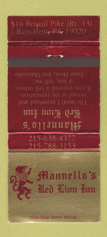 Matchbook Cover - Mannello's Red Lion Inn Bensalem PA 30 Strike