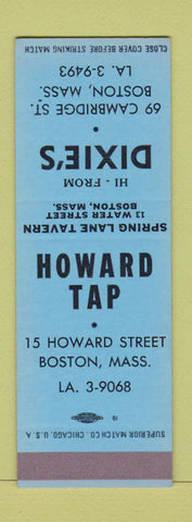 Matchbook Cover - Howard Tap Dixie's Boston MA BLUE SAMPLE