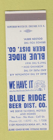 Matchbook Cover - Blue Ridge Beer Distributor Pittsburgh PA SAMPLE