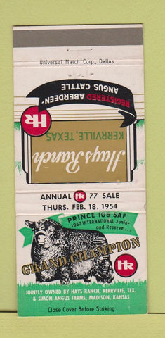 Matchbook Cover - Hays Ranch Kerrville TX Aberdeen Angus Cattle 30 Strike