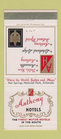 Matchbook Cover - Anthony Hotels Hot Springs National Park AR 30 Strike