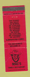 Matchbook Cover - Mac's Family Restaurant Frankfort New Castle Muncie IN