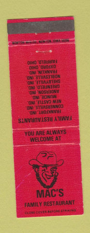 Matchbook Cover - Mac's Family Restaurant Frankfort New Castle Muncie IN