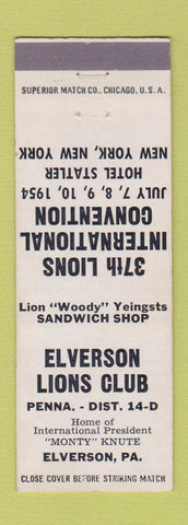 Matchbook Cover - Elverson Lions Club PA 1954