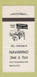 Matchbook Cover - Navarino Steak Pizza Merritt BC 30 Strike