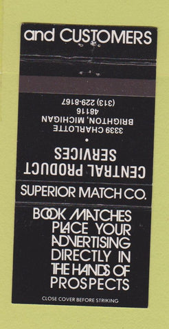 Matchbook Cover - Central Product Book Matches Brighton MI 30 Strike