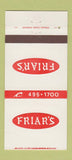 Matchbook Cover - Friar's Restaurant Lombard IL 30 Strike