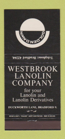 Matchbook Cover - Westbrook Lanolin Bradford UK Golden Dawn 30 Strike
