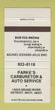 Matchbook Cover - Parke's Carburetor Auto Service Detroit MI 30 Strike