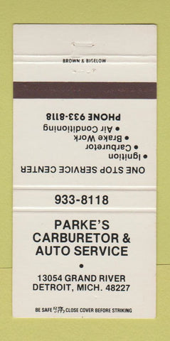 Matchbook Cover - Parke's Carburetor Auto Service Detroit MI 30 Strike