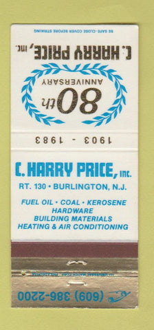 Matchbook Cover - C Harry Price coal hardware Burlington NJ 1983 30 Strike