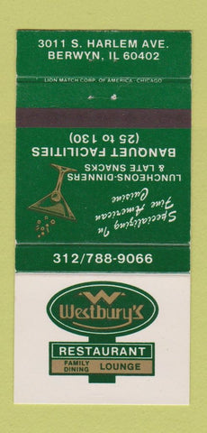 Matchbook Cover - Westbury's Restaurant Berwyn IL 30 Strike