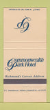 Matchbook Cover - Commonwealth Park Hotel Richmond VA 30 Strike