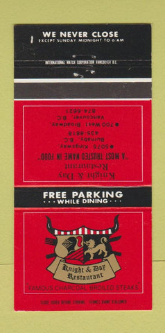 Matchbook Cover - Knight and Day Restaurant Vancouver Burnaby BC 30 Strike