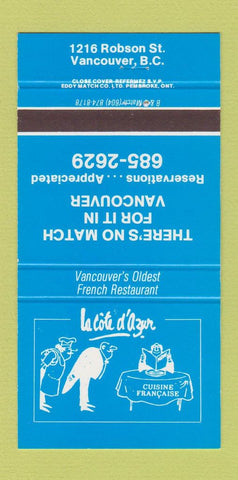 Matchbook Cover - La Cote D Azur French Restaurant Vancouver BC 30 Strike