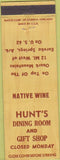 Matchbook Cover - Hunt's Dining Room Eureka Springs AR