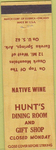 Matchbook Cover - Hunt's Dining Room Eureka Springs AR