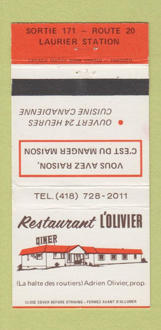 Matchbook Cover - Restaurant L'Olivier Laurier Station QC 30 Strike