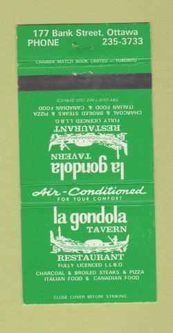 Matchbook Cover - LA Gondola Tavern Ottawa ON 30 Strike