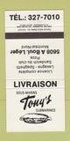 Matchbook Cover - Tony's Submarine Sandwiches Montreal QC 30 Strike