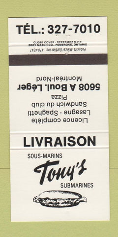 Matchbook Cover - Tony's Submarine Sandwiches Montreal QC 30 Strike