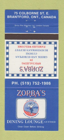 Matchbook Cover - Zorba's Restaurant Greek Brantford ON 30 Strike