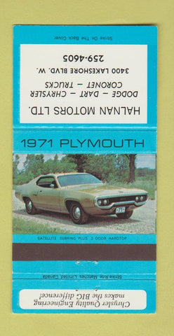 Matchbook Cover - 1971 Plymouth Halnan Motors Canada 30 Strike