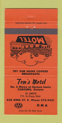 Matchbook Cover - Tom's Motel Cobourg ON 30 Strike