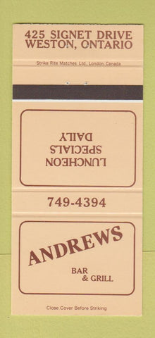 Matchbook Cover - Andrews Bar Grill Weston ON 30 Strike