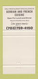 Matchbook Cover - Serbian Crown Restaurant Great Falls VA 30 Strike