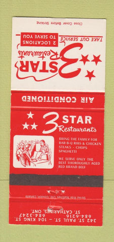 Matchbook Cover - 3 Star Restaurant ST Catharines ON 30 Strike
