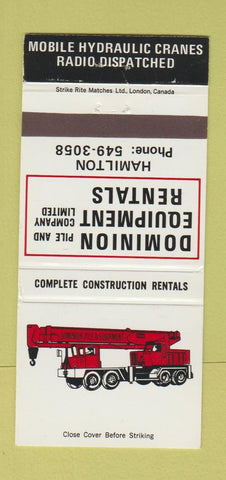 Matchbook Cover - Dominion Equipment Rentals Hamilton ON 30 Strike
