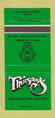 Matchbook Cover - Thursday's Restaurant Montreal QC 30 Strike