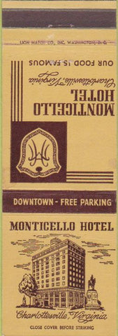 Matchbook Cover - Monticello Hotel Charlottesville VA