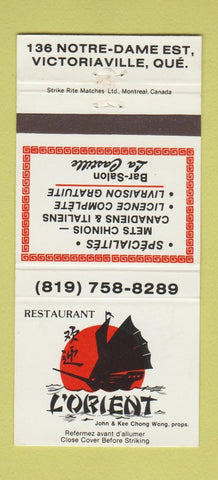 Matchbook Cover - Restaurant L'ORient Victoriaville QC 30 Strike