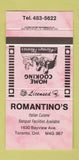 Matchbook Cover - Romantino's Toronto ON Italian Restaurant 30 Strike