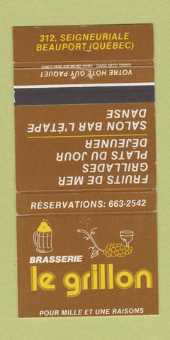 Matchbook Cover - Brasserie Le Grillon Beauport QC 30 Strike