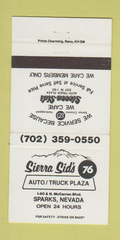 Matchbook Cover - Sierra Sid's 76 oil gas Sparks NV WHITE 30 Strike