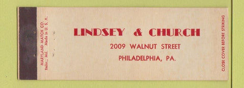 Matchbook Cover - Lindsey and Church Philadelphia PA Full Length