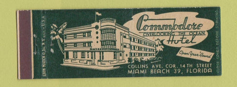 Matchbook Cover - Commodore Hotel Miami Beach FL Full Length
