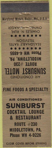 Matchbook Cover - Sunburst Motel Middletown PA