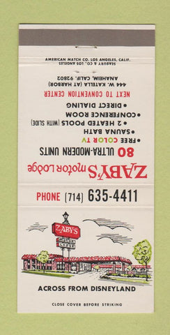 Matchbook Cover - Zaby's Motor Lodge Anaheim CA Disneyland ref 30 Strike